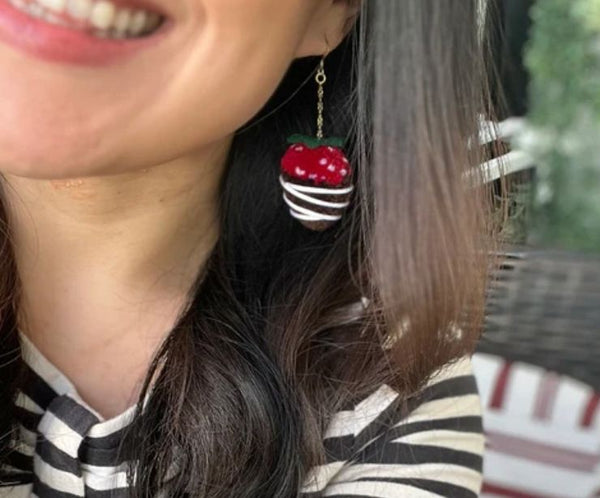 Mini Chocolate Covered Strawberries Pom Pom Earrings