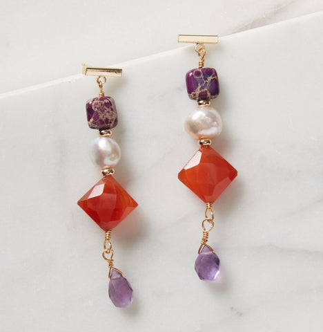 Purple/Amber Beaded Dangly Earrings